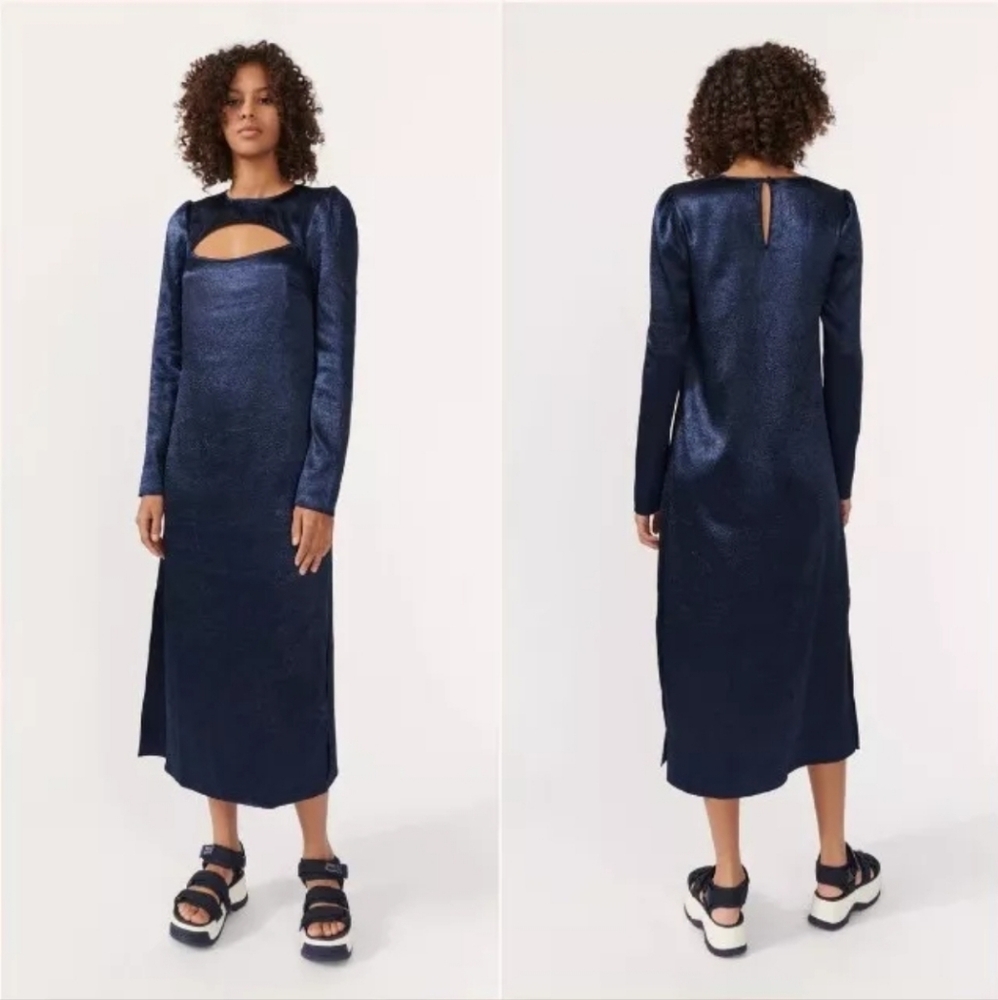 Baum Und Pferdgarten Aneto Crinkle Satin Cutout Long Sleeve Midi Dress Navy 34/4